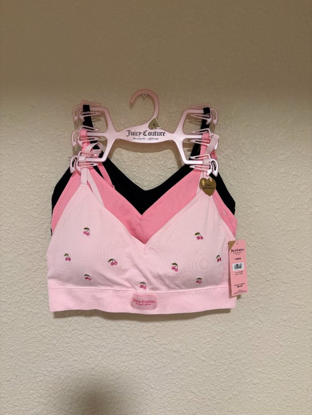 Juicy Couture 3 Pack Cherry Ribbed Bralettes Pink Black Size L NWT